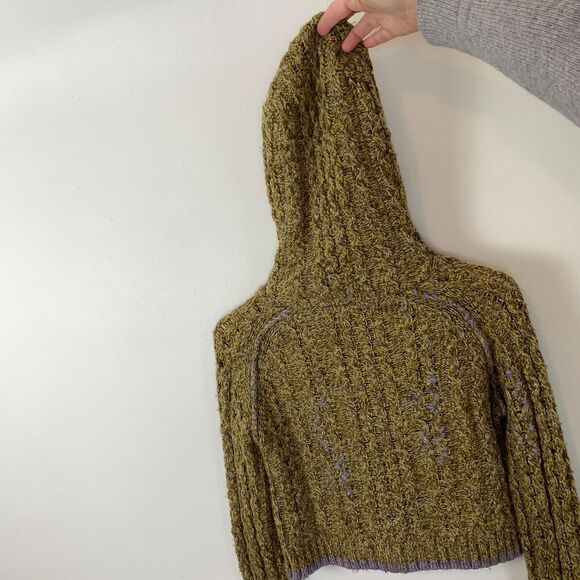 Vtg Free People Chunky Hooded Cable Knit Cardigan Sweater Wool S Green Brown - Picture 3 of 8